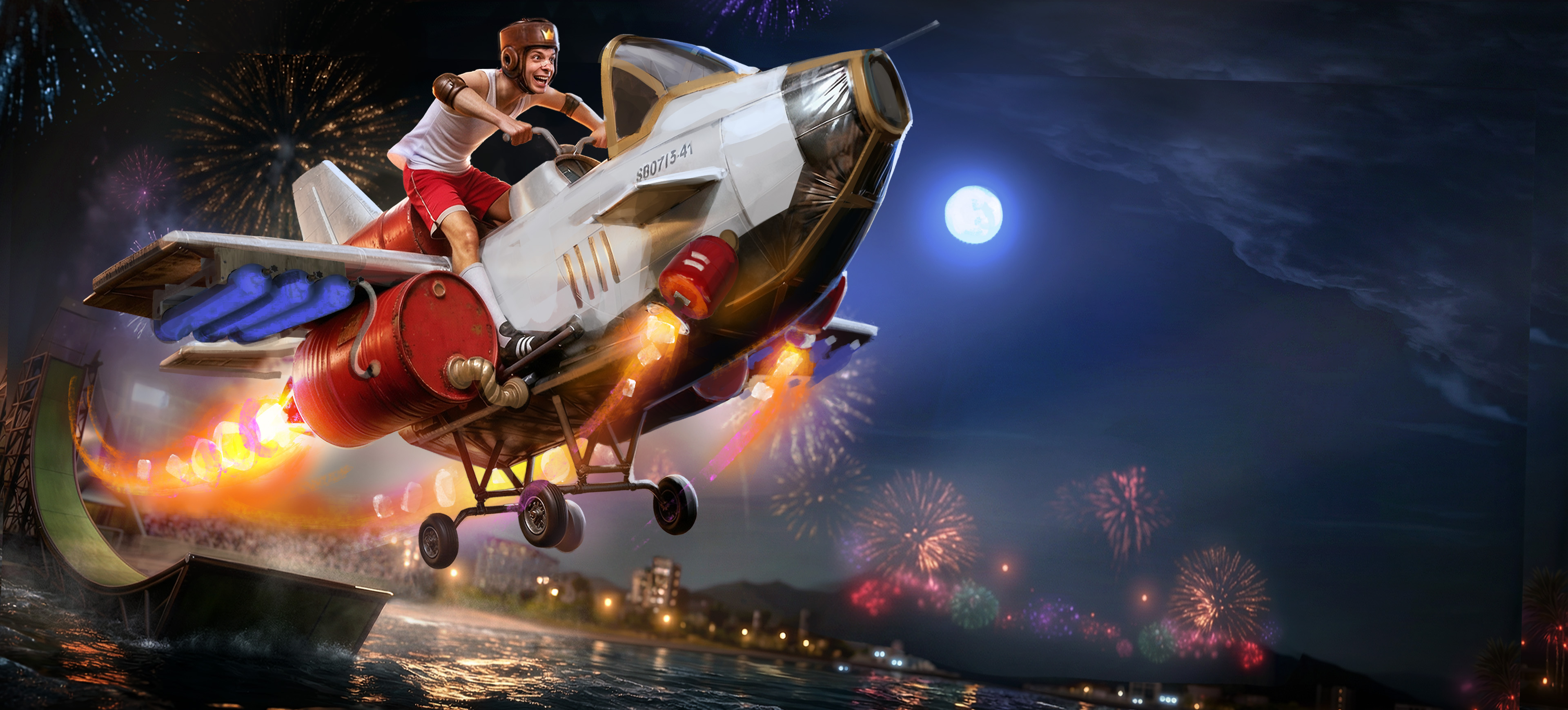 Man flying a homemade pedal-powered aircraft with spinning propellers over water at night, performing a stunt jump in front of a cheering crowd and stadium lights with city skyline and full moon in the background