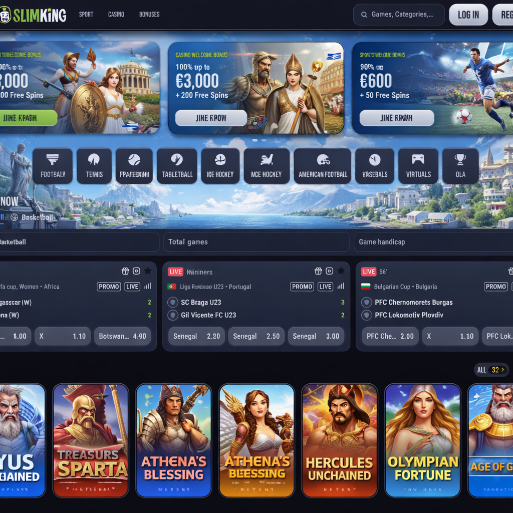 SlimKing online casino and sports betting website featuring welcome bonuses, free spins promotions, live football betting odds, sports categories navigation, and popular slot games like Lucky Comanche, Hotline 2, Wings of Riches, and Book of Cleo