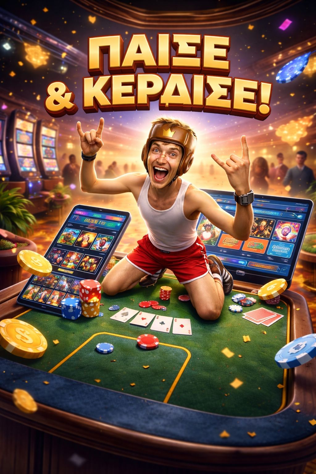 A joyful young man wearing a boxing helmet, white tank top, and red shorts kneels on a casino table surrounded by poker chips, playing cards, and two large tablet screens showing slot machine games. He raises both hands in a celebratory gesture while smil