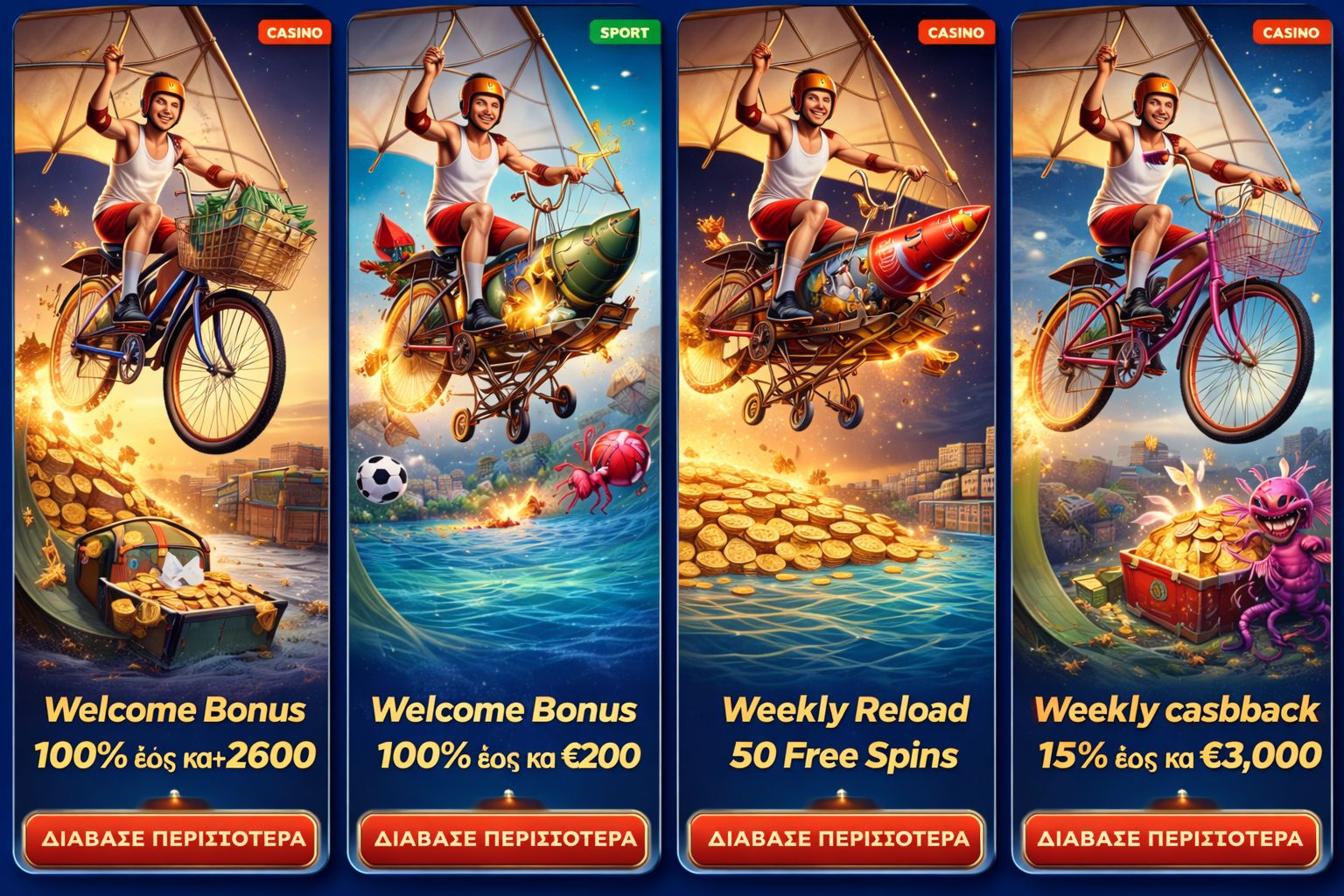 Smiling man holding phone with ‘50 free spins’ offer, standing over pile of gold coins, promoting weekly reload bonus.